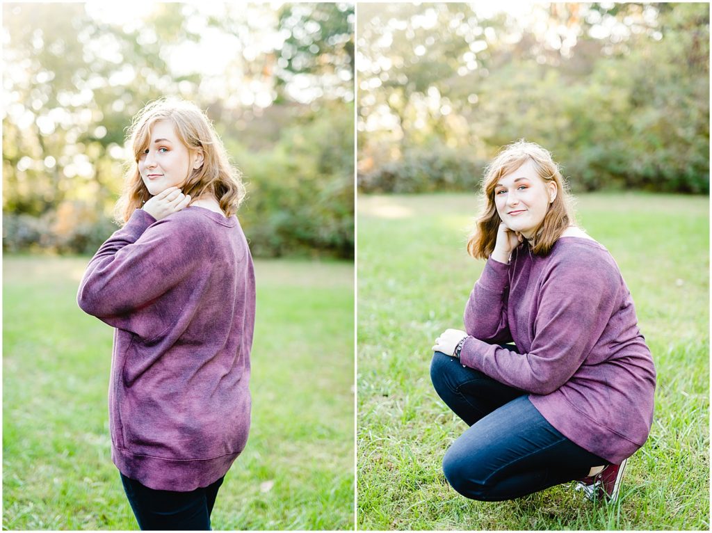 girl senior session purple shirt grass trees sun holts summit