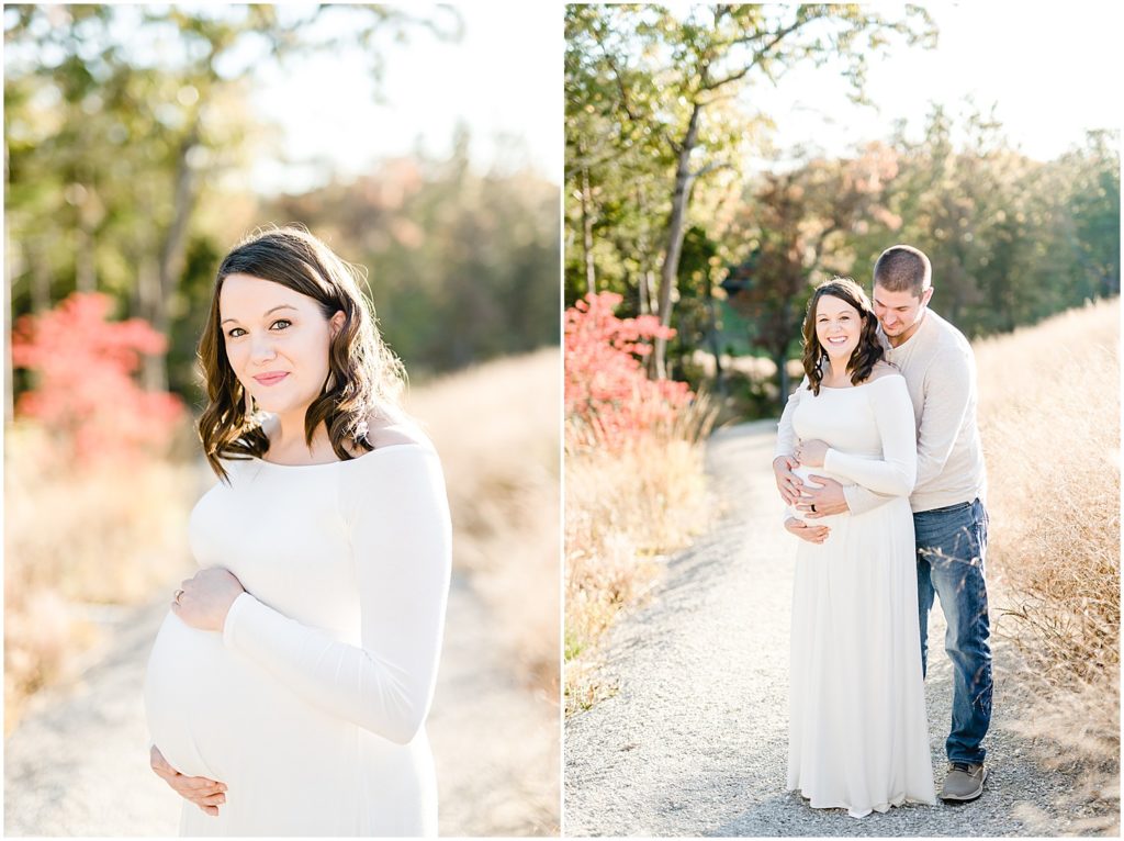 expecting mom and dad in fall sunlight maternity session