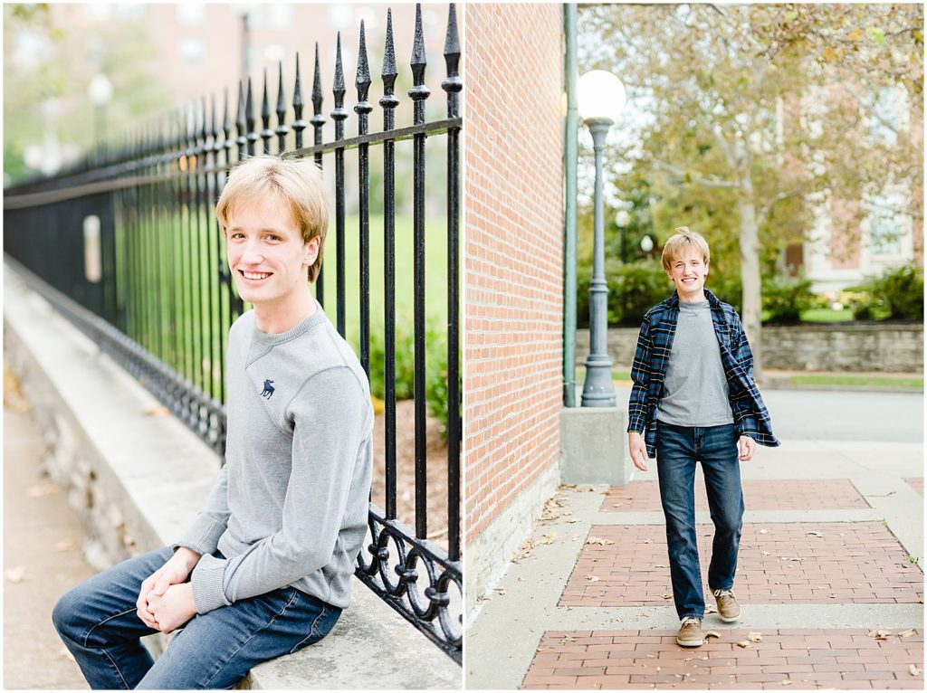 senior boy sitting on ledge and walking on brick sidewalk