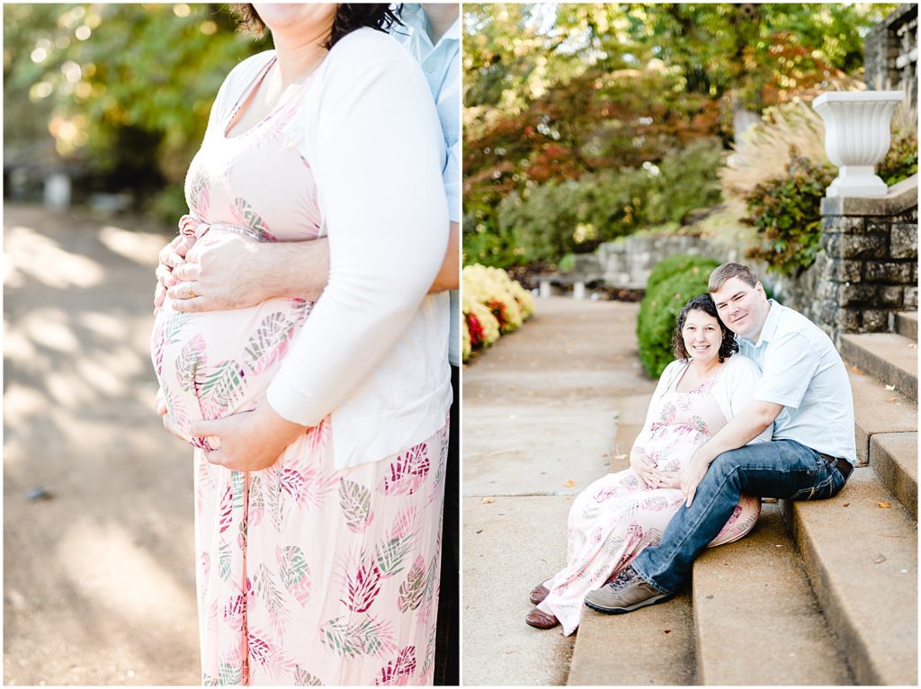 pregnant belly hands on belly new parents sitting on stairs