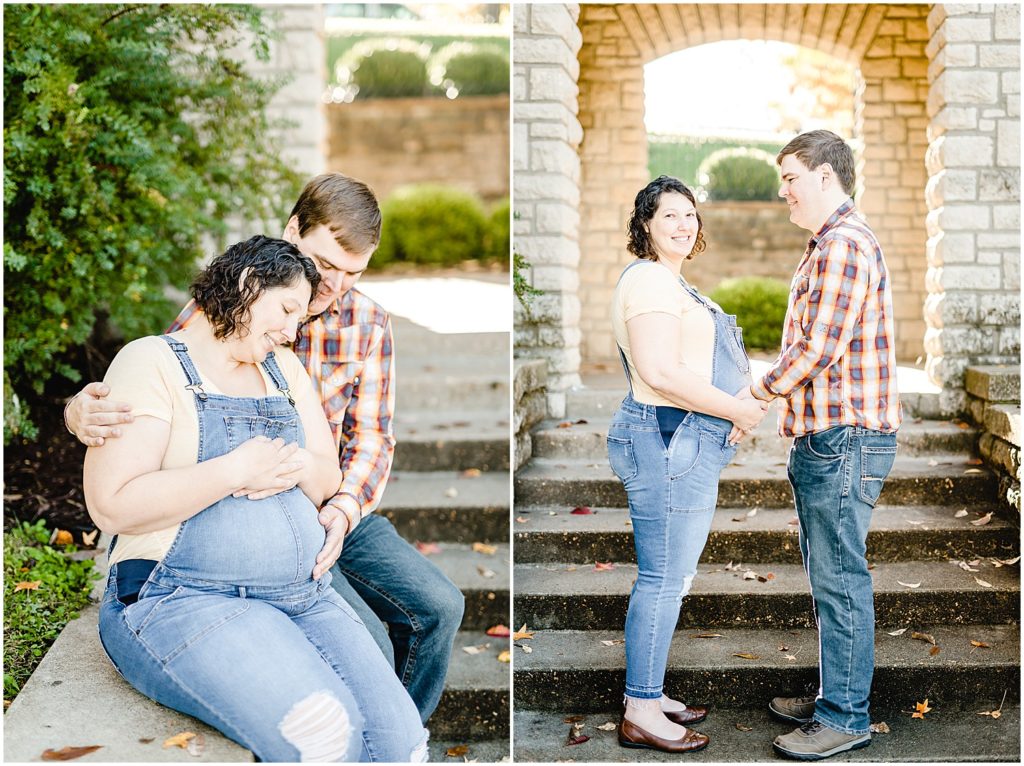 pregnant couple sitting smiling maternity session