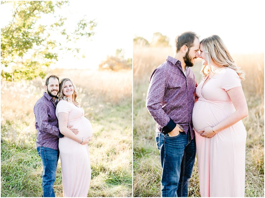 couple smiling at camera touching foreheads fall maternity session