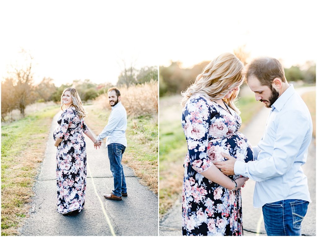 couple walking holding baby belly floral maxi maternity dress sunset maternity session