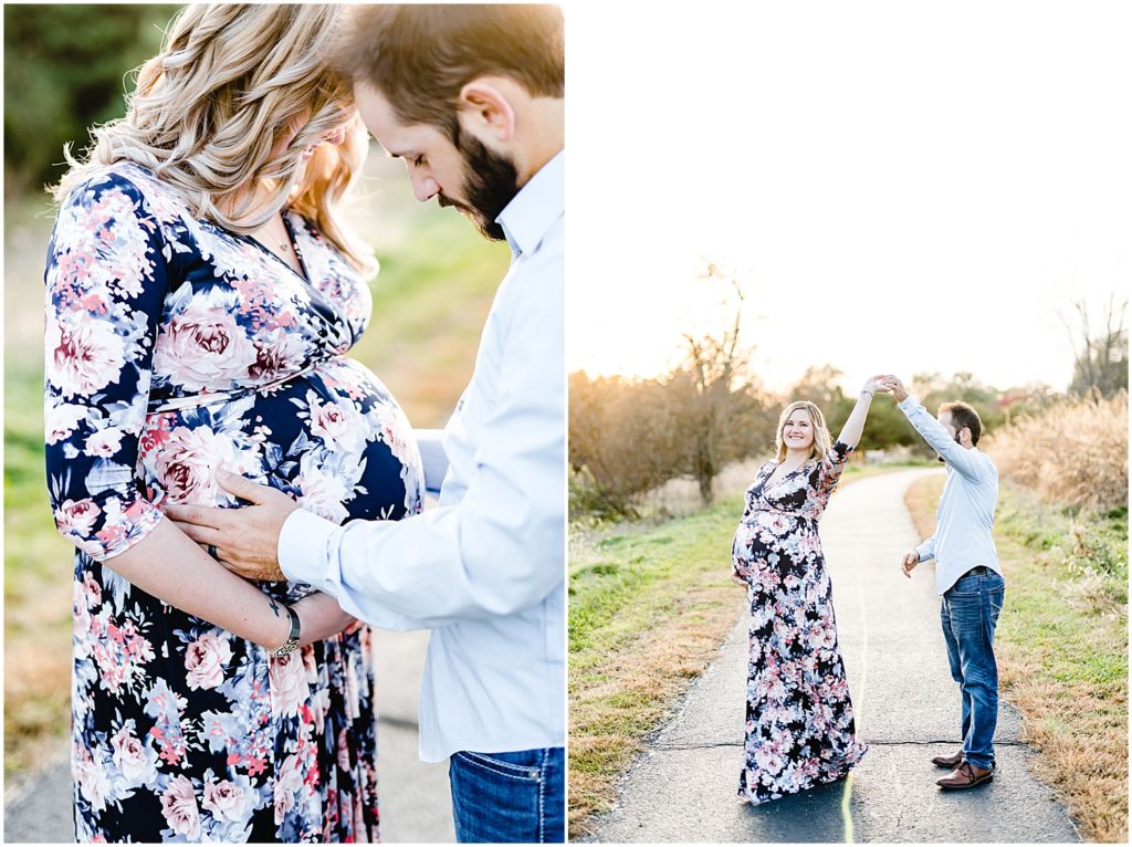 couple dancing holding baby belly sunset maternity session