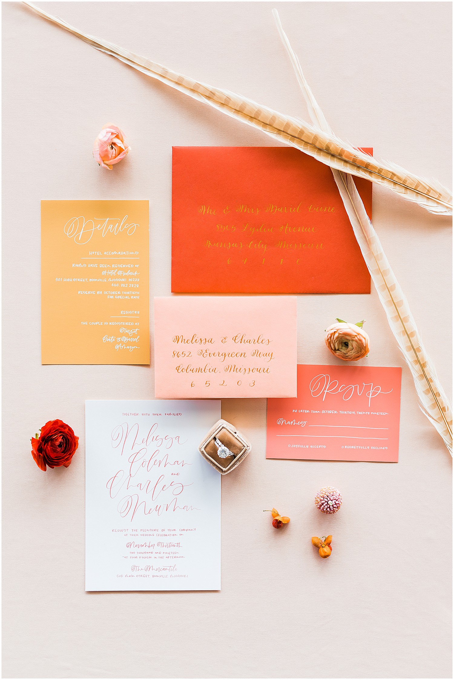 pink peach coral yellow invitation suite with florals and ring