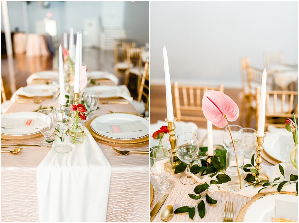 table setting with pink flower and gold accents