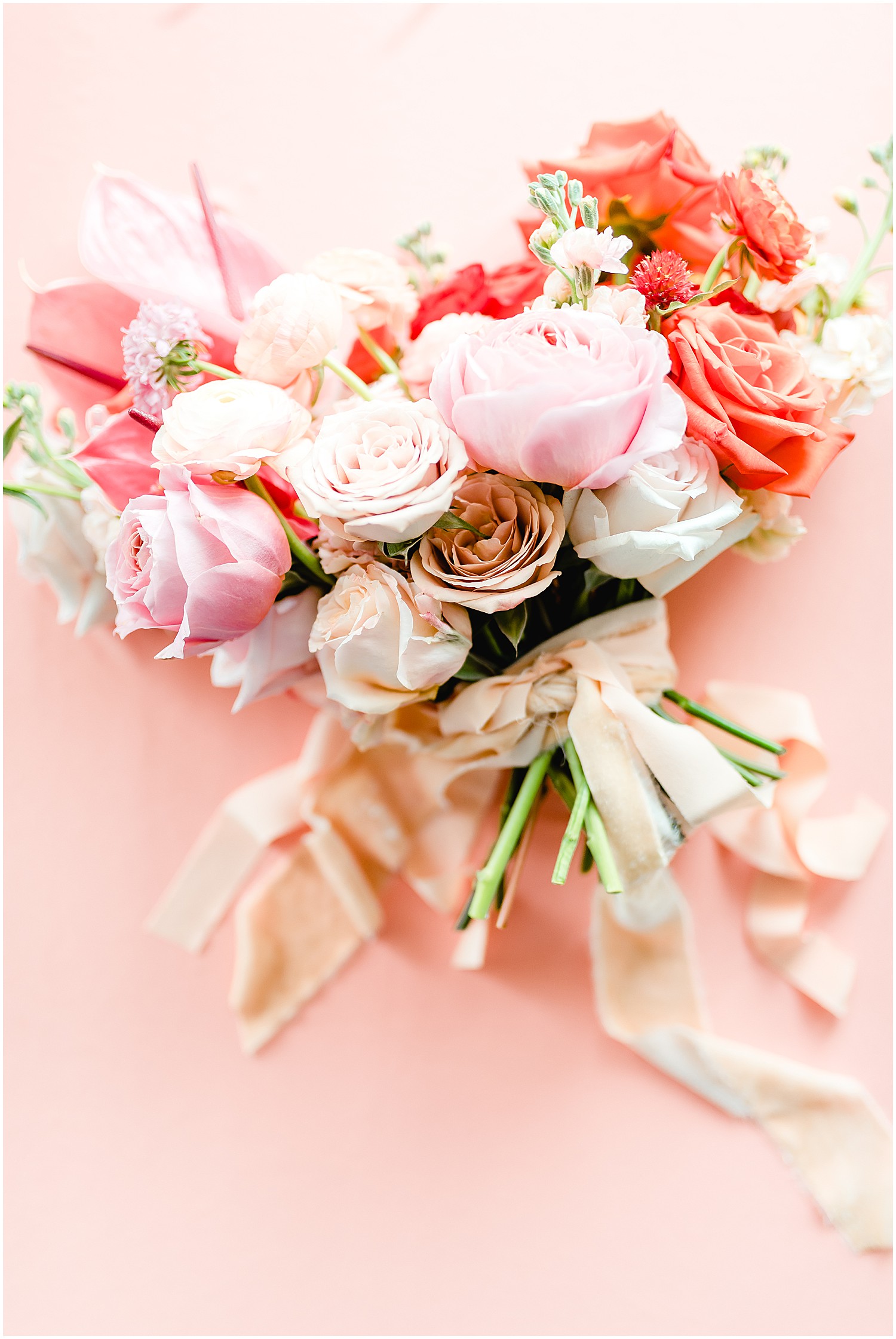 large bridal bouquet pink coral peach on pink background
