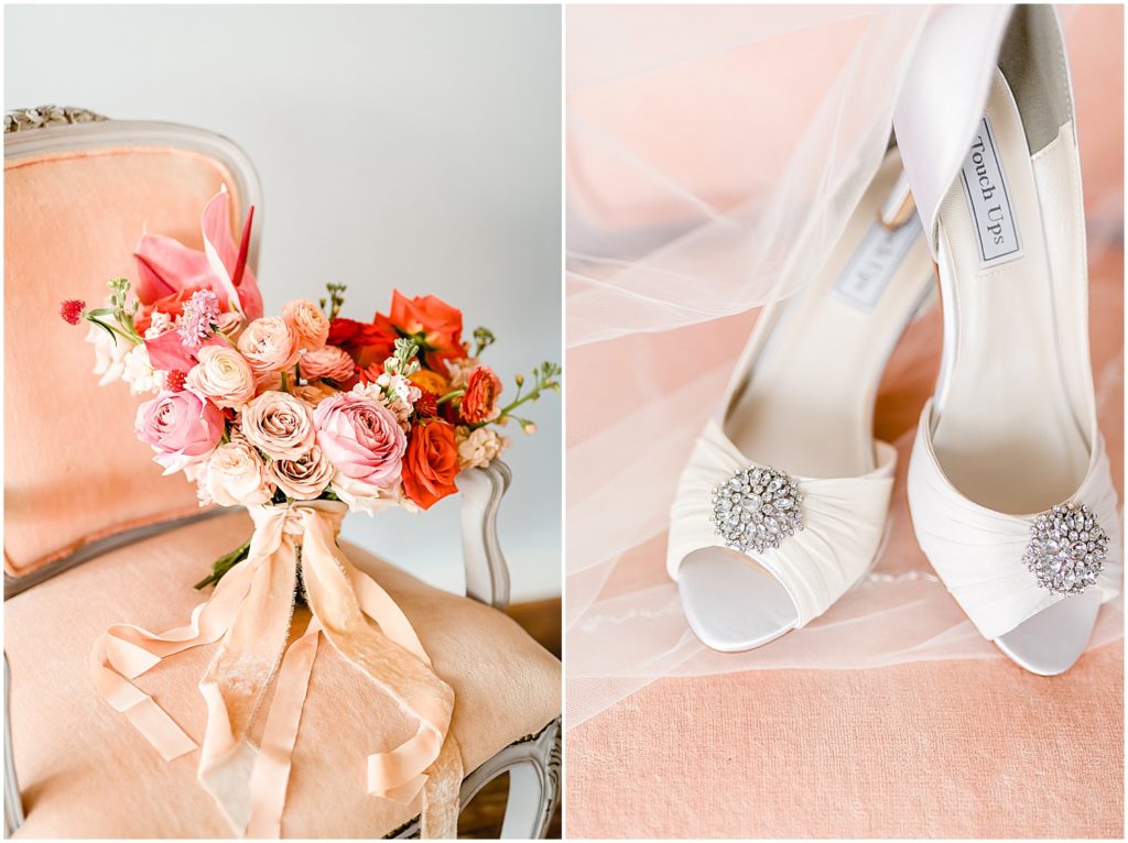 bridal bouquet pink chair bridal shoes white