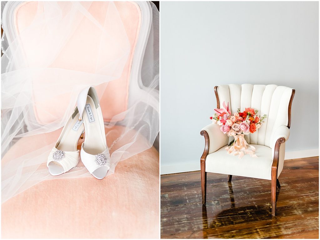 bridal shoes pink chair bouquet white chair
