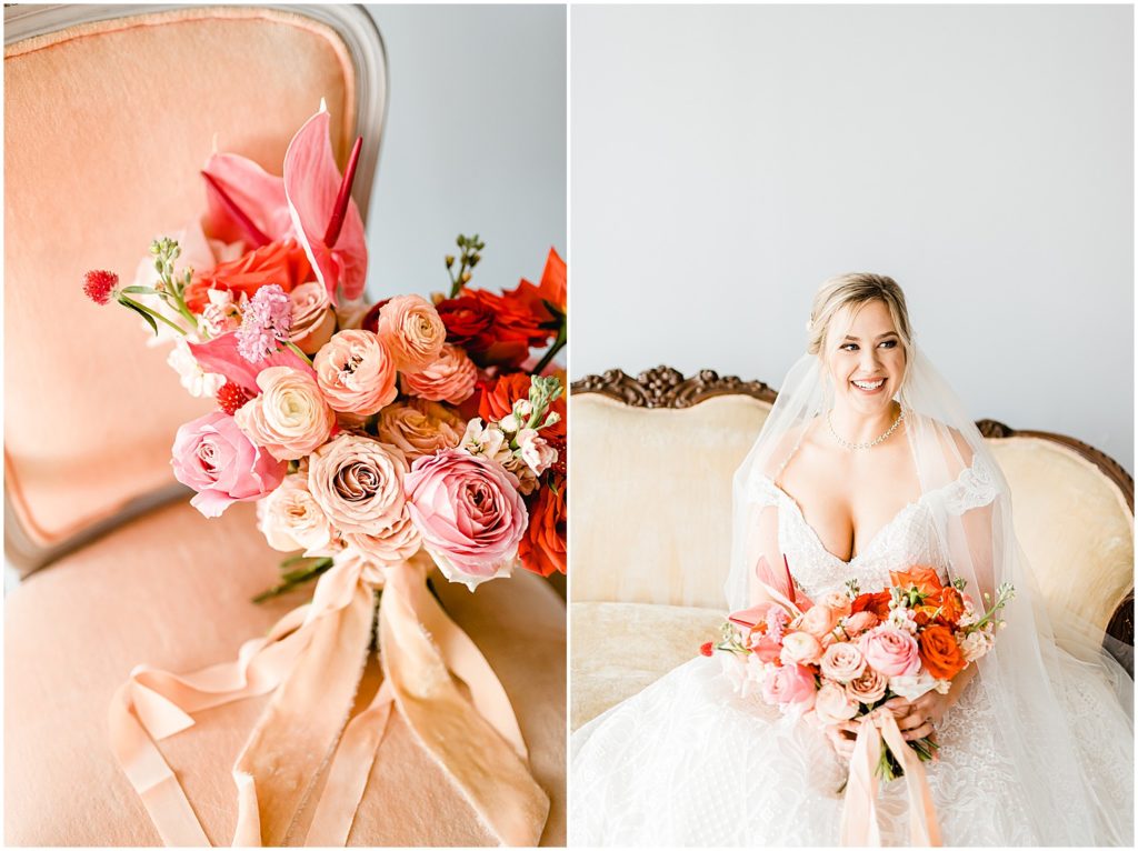 bridal bouquet and smiling bride on couch
