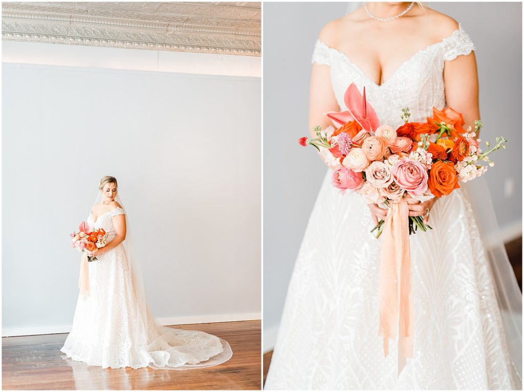 bridal portraits with pink and peach bouquet