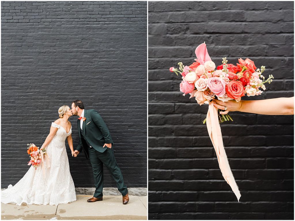 bride and groom by black brick wall pink bridal bouquet