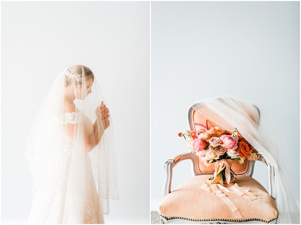 modern bridal portrait with veil bouquet on peach chair