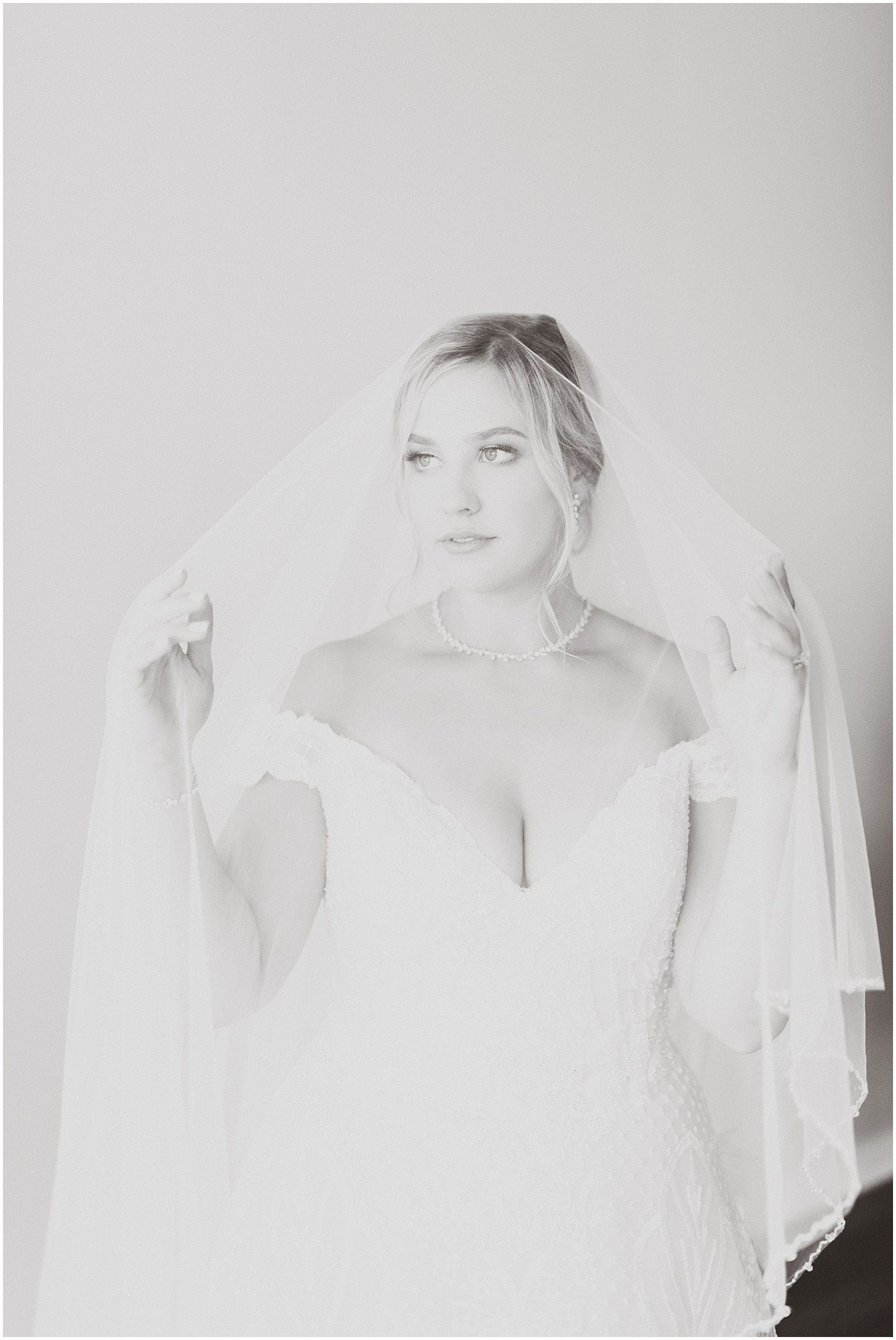 black and white bridal portrait veil over head