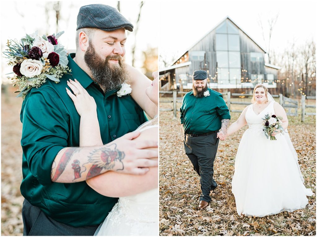 bride and groom walking away from weathered wisdom barn