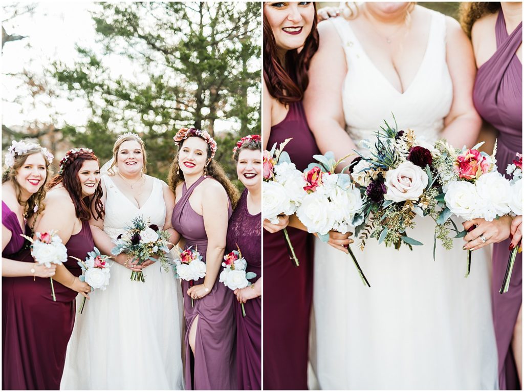 bridal party portraits purple dresses weathered wisdom barn wedding