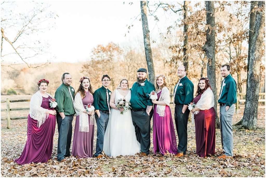 full wedding party portraits purple and emerald 