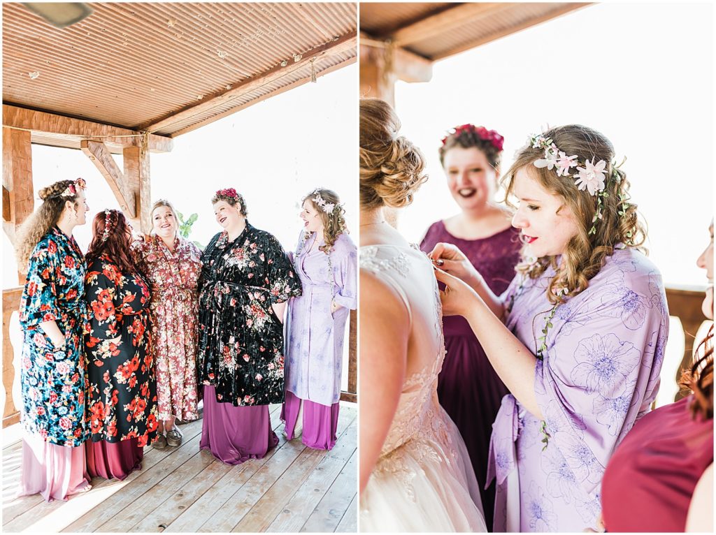 bridesmaids getting ready in floral robes