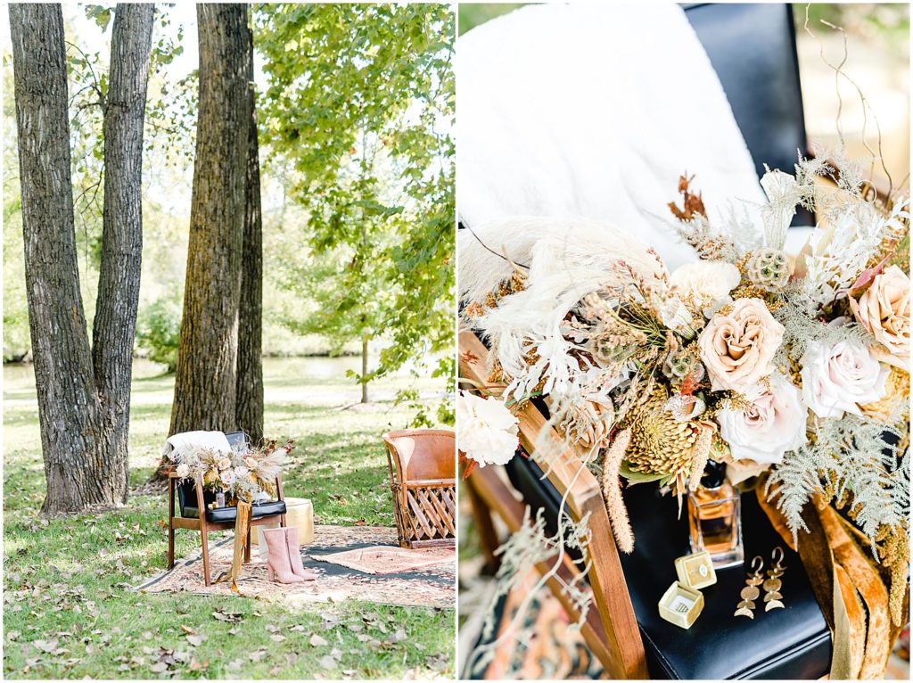 bridal bouquet on black chair under trees