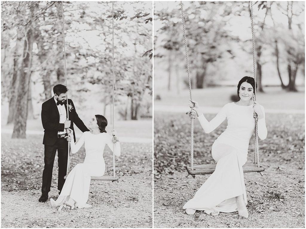 black and white bride and groom on swing