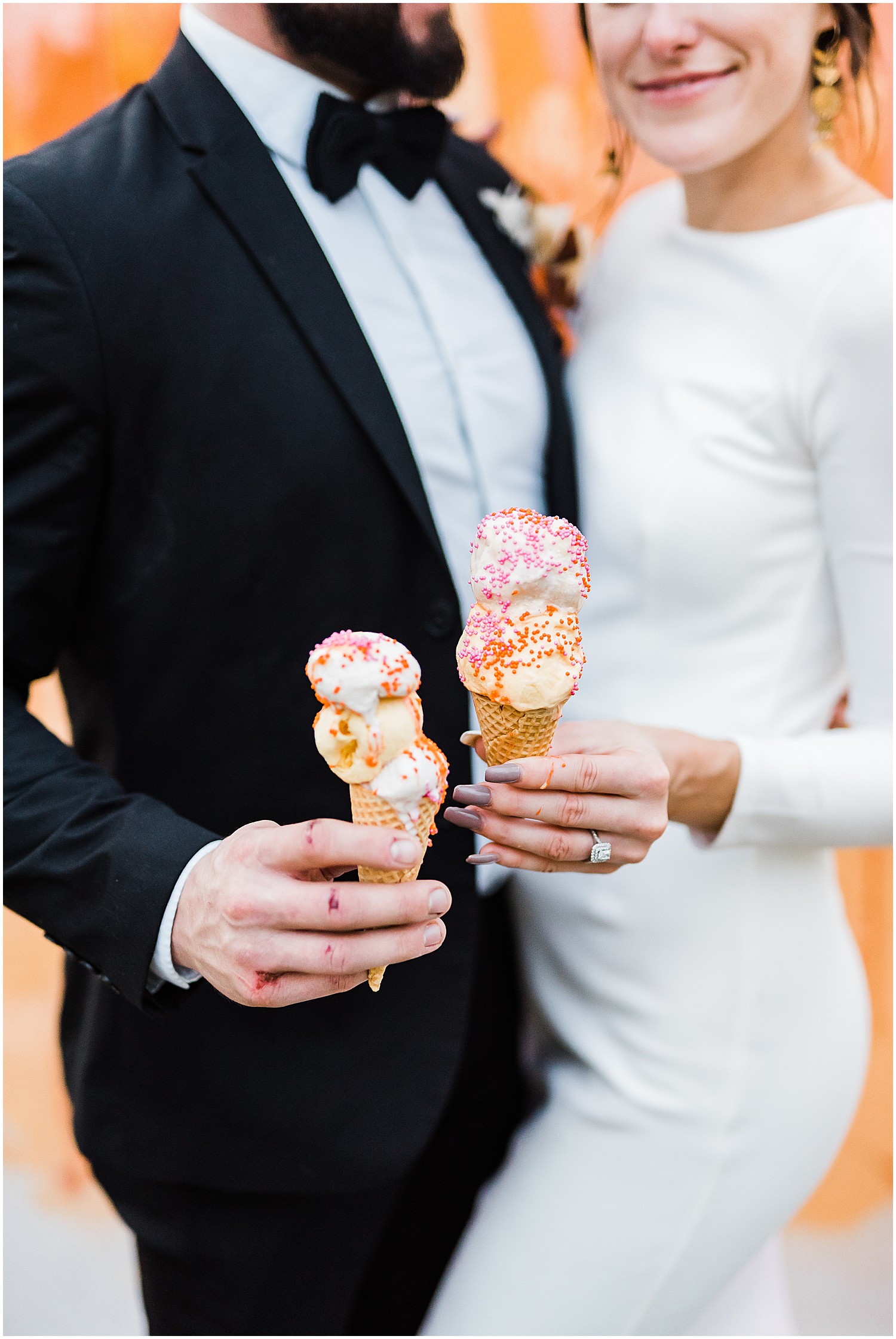 bride and groom yellow and pink ice cream wedding reception