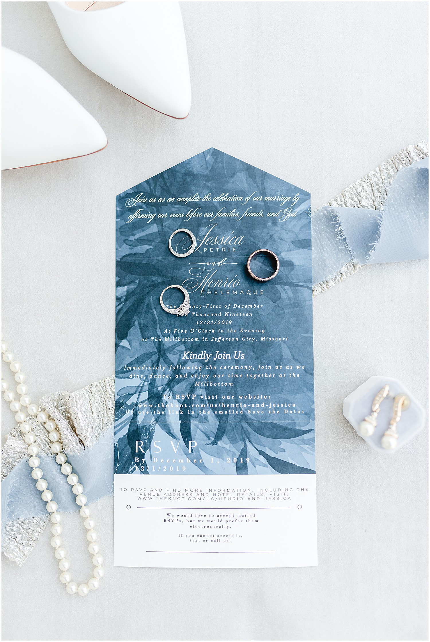 blue and silver wedding details invitation