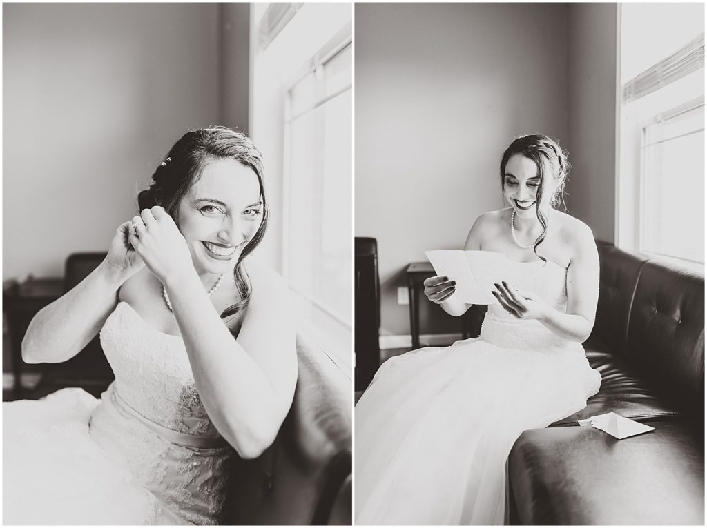 black and white bride getting ready by window