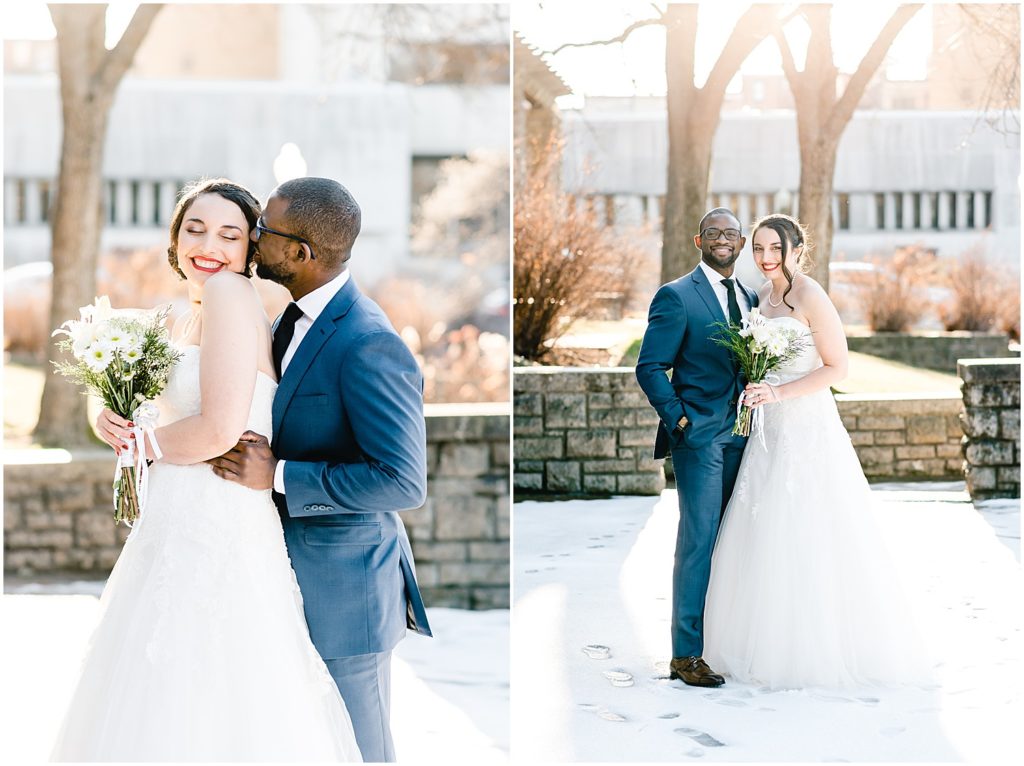 bride and groom portraits in snow missouri governors garden