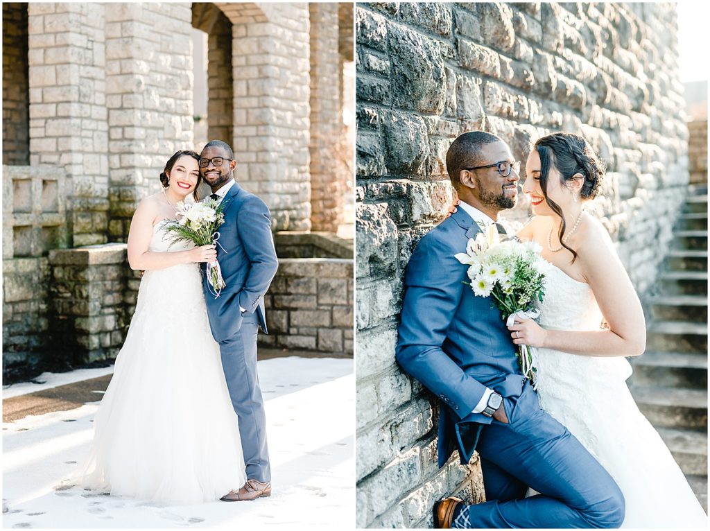 bride and groom portraits by rock wall