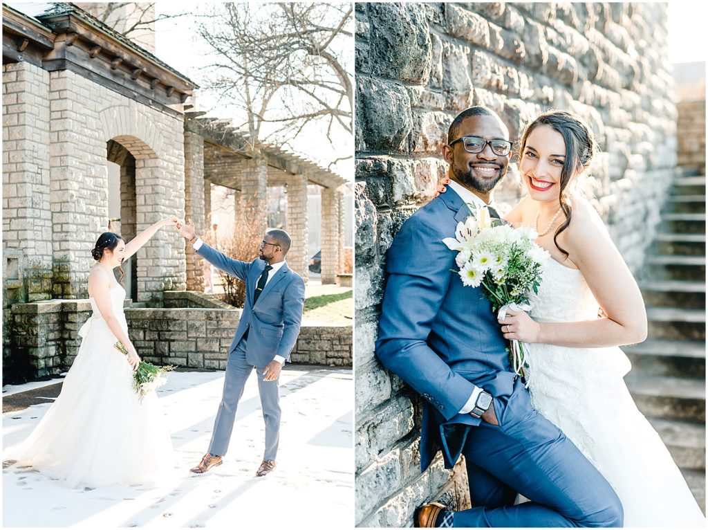 bride and groom portraits by rock wall dancing on snow missouri governors garden