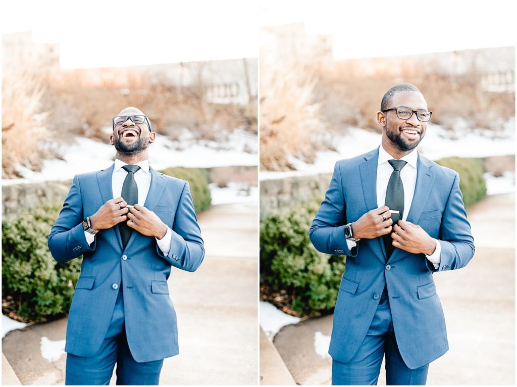 groom portrait laughing blue tux