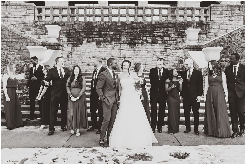black and white wedding party portrait