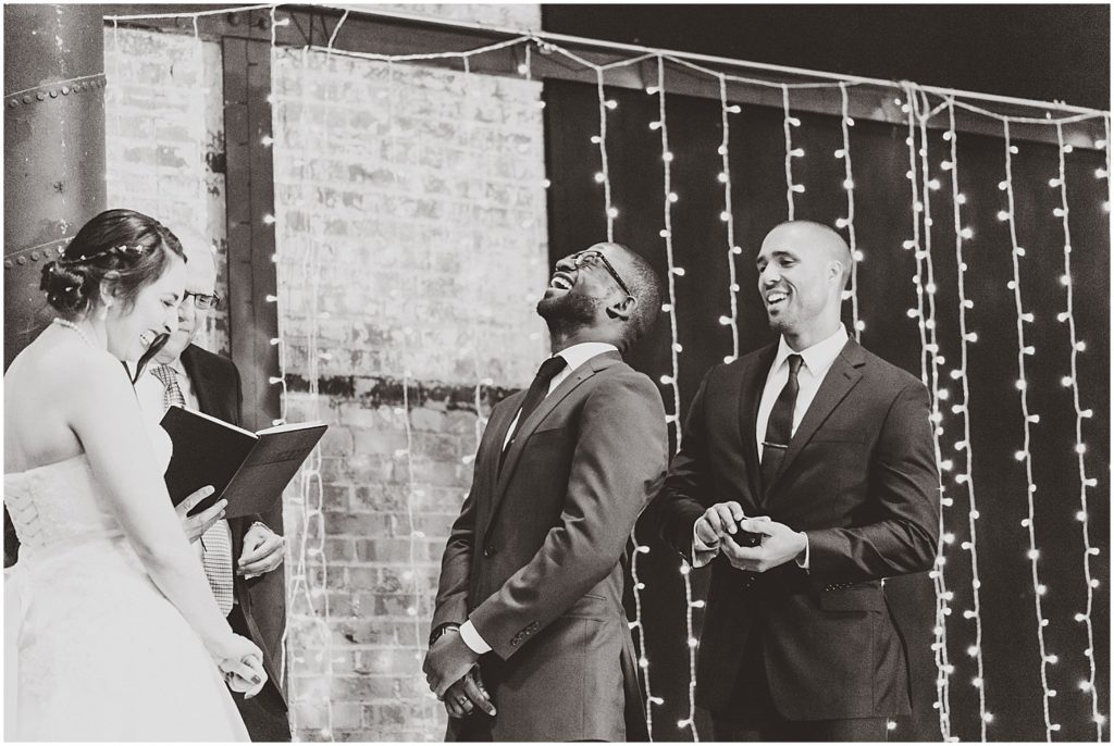 groom laughing during wedding ceremony the mill bottom