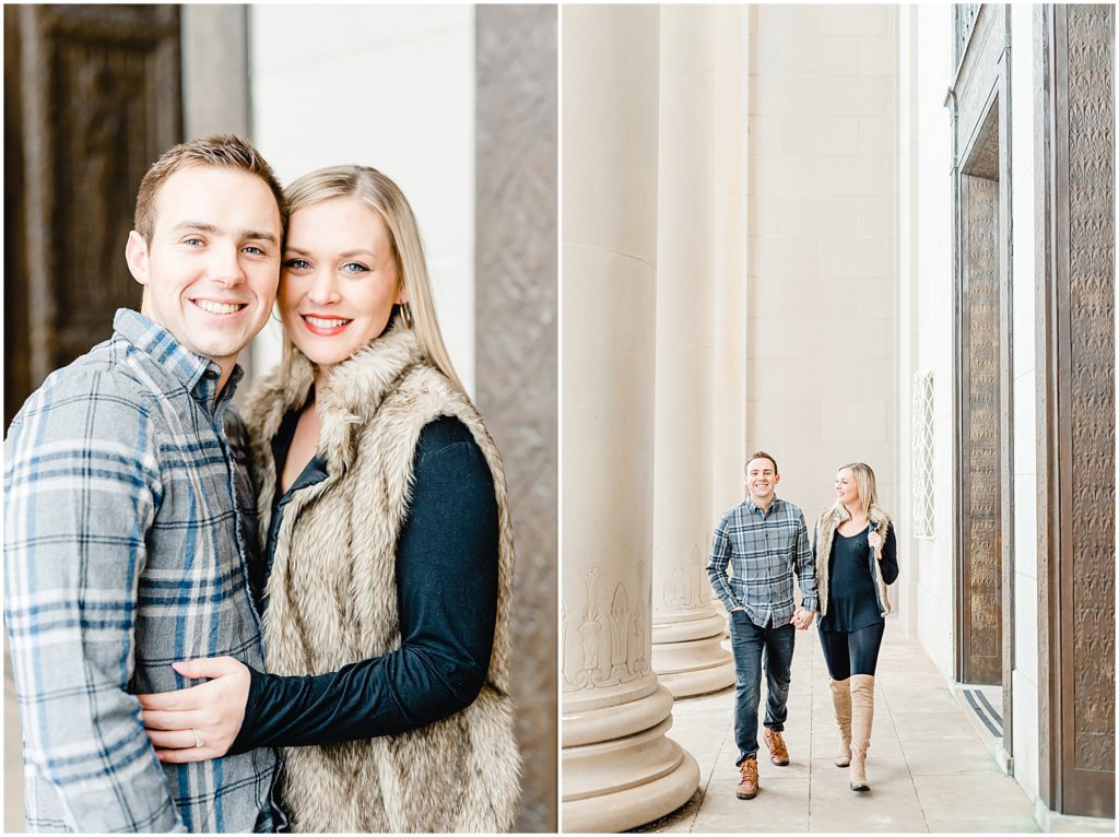 couple posing and walking nelson atkins art museum winter engagement session