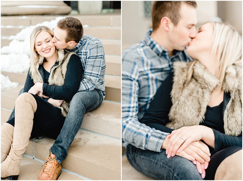 couple kissing on stair nelson atkins art museum winter engagement session