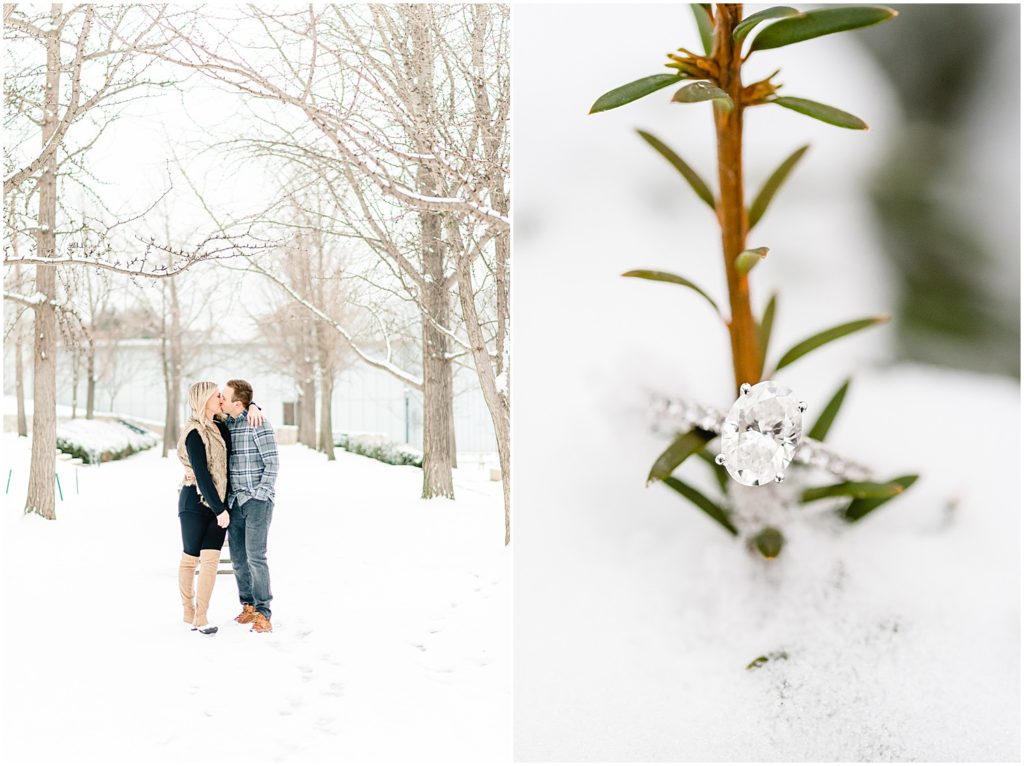 couple walking in snow ring on snow covered bush