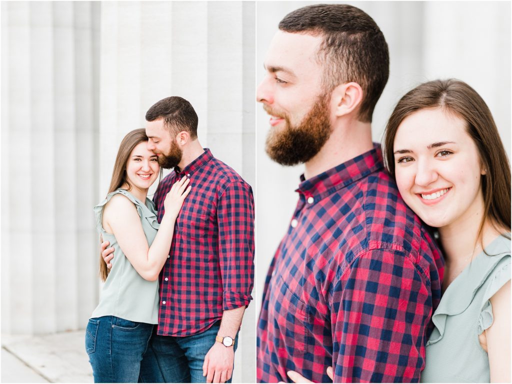 Engaged couple poses outside the Jefferson City, MO post office for a downtown engagement session