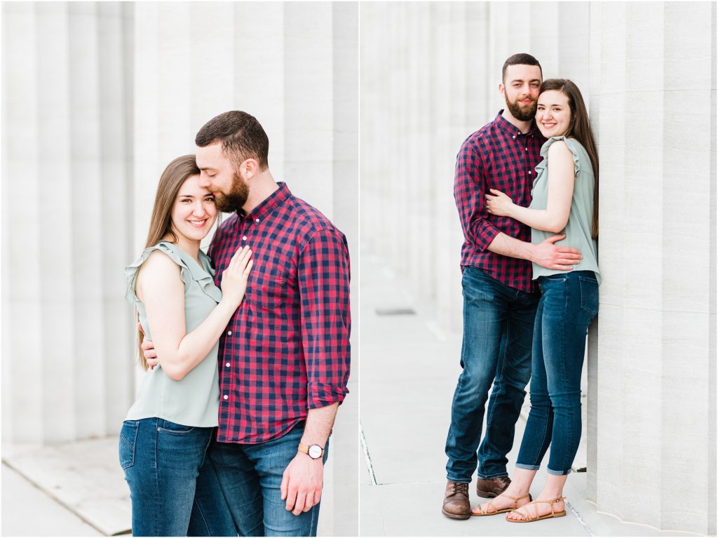 Engaged couple poses outside the Jefferson City, MO post office for a downtown engagement session