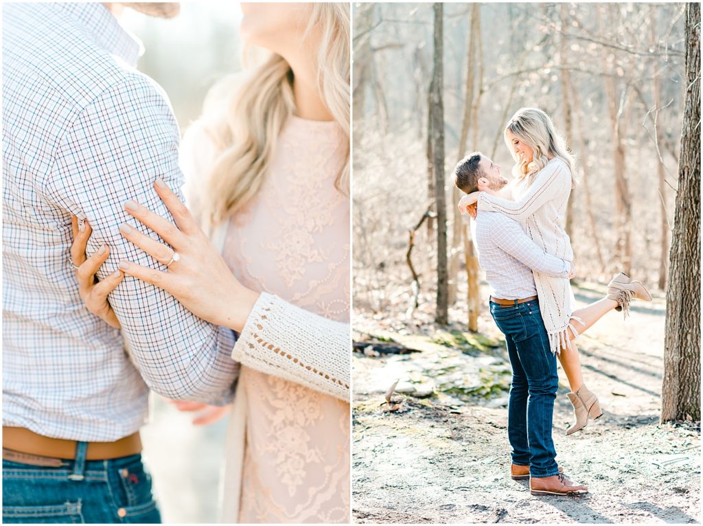 couple holding each other in woods engagement session