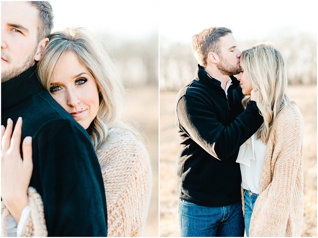 couple holding each other kissing engagement session