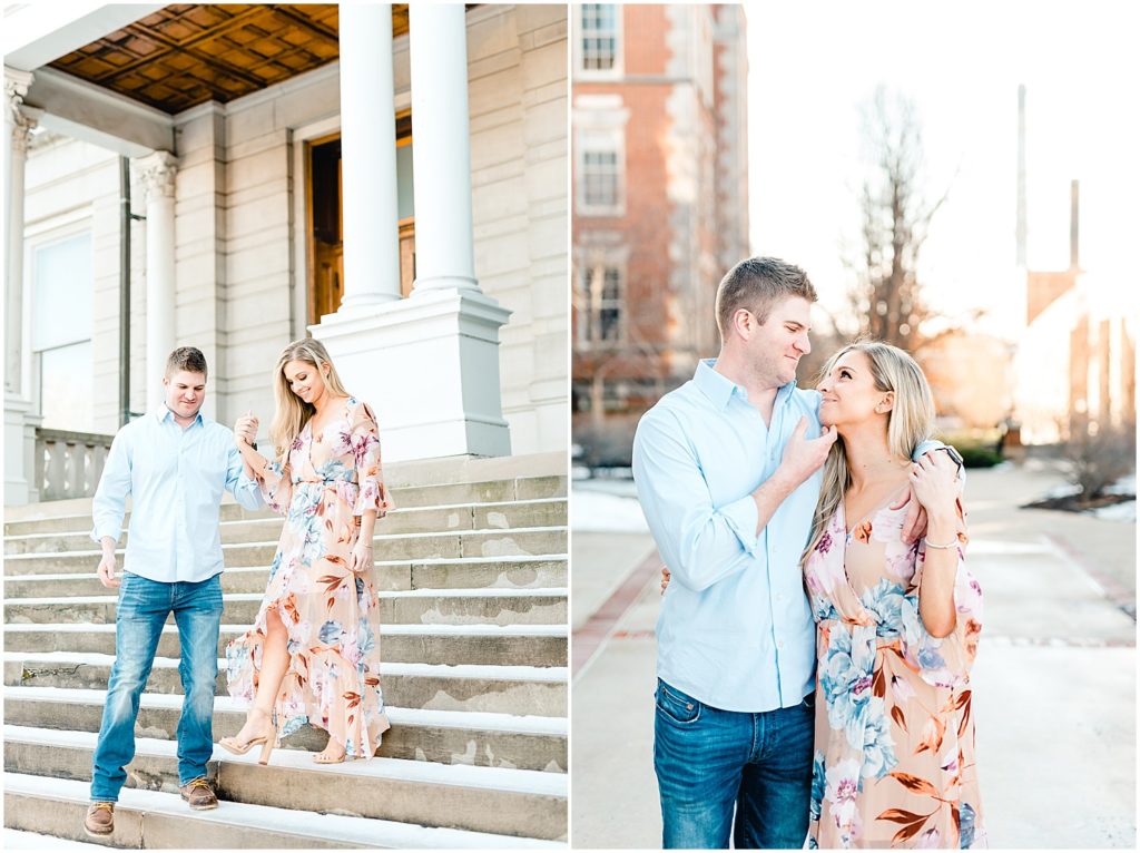 Engaged couple posing on Mizzou Campus for Columbia, MO engagement session