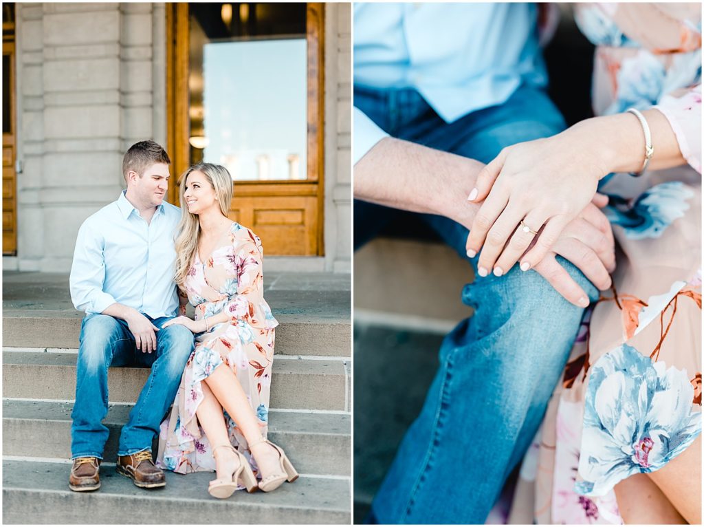 Engaged couple posing on Mizzou Campus for Columbia, MO engagement session