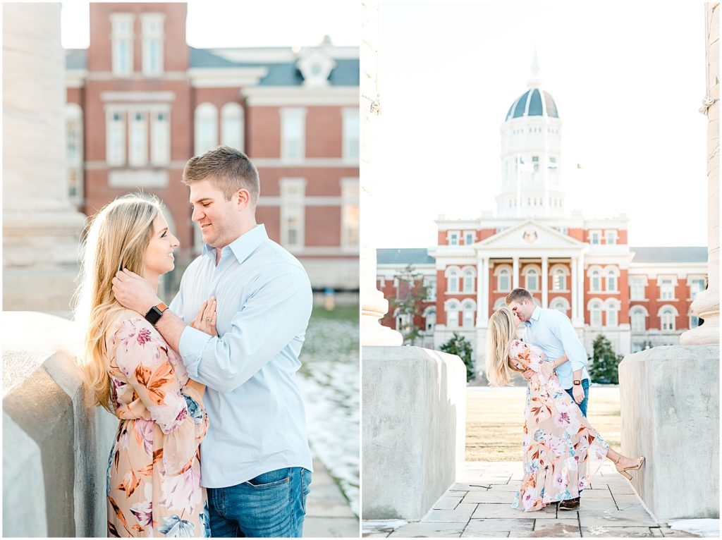 Engaged couple posing on Mizzou Campus for Columbia, MO engagement session in front of jesse hall