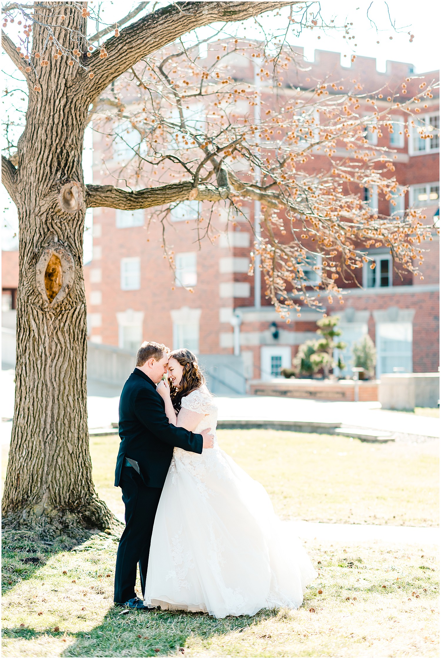 bride and groom hugging under large tree on Stephen's college campus