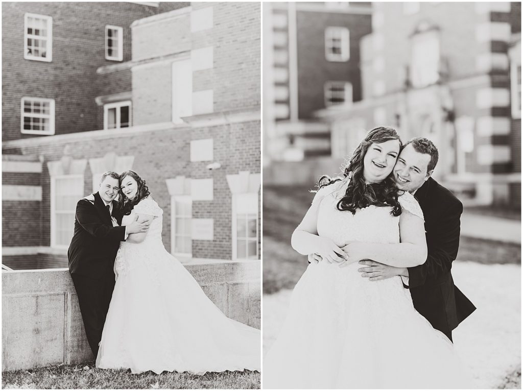 bride and groom posing for portraits for columbia, mo wedding in black and white images