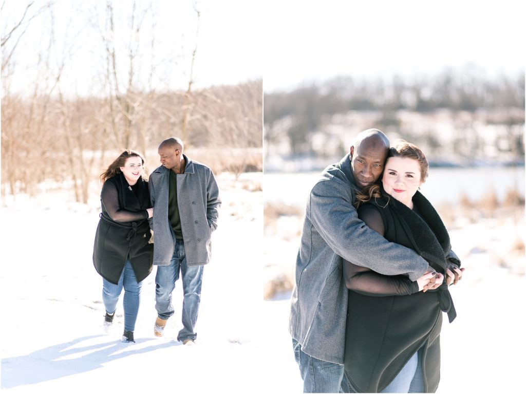 snowy engagement session images of couple walking in the snow and sunshine