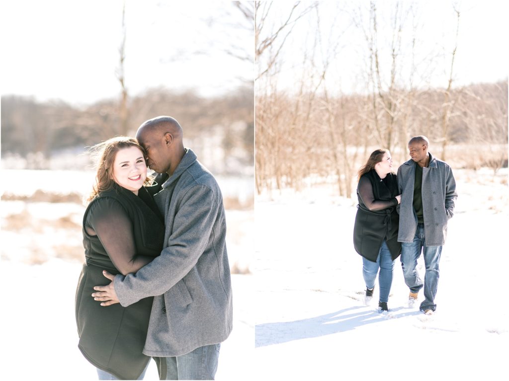 binder park engagement session in the snow with mixed race couple