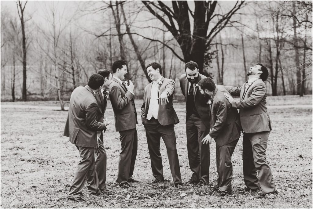 groomsmen portrait laughing in black and white