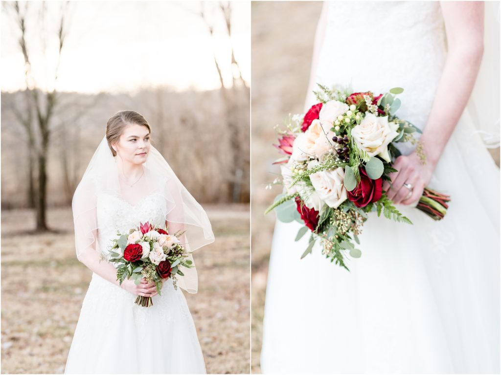 outdoor bridal portraits of bride with veil and floral details wine and white colored roses