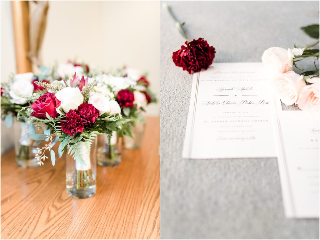 bridal wedding details with red and white roses